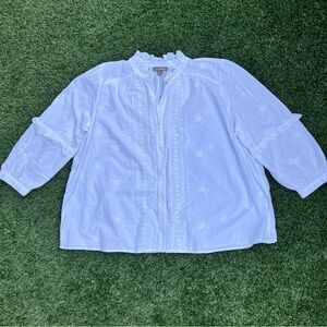 White cotton floral Embroidered Button-Up Blouse Bell sleeves romantic style XL